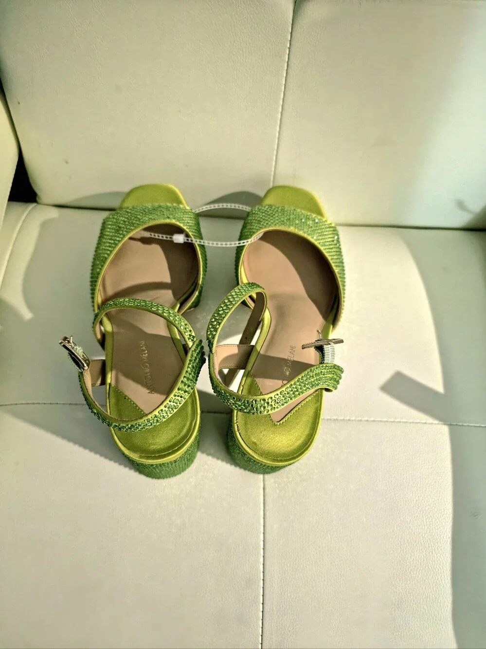 ANTONIO MELANI Neon Green Crystal Platform Slingbacks